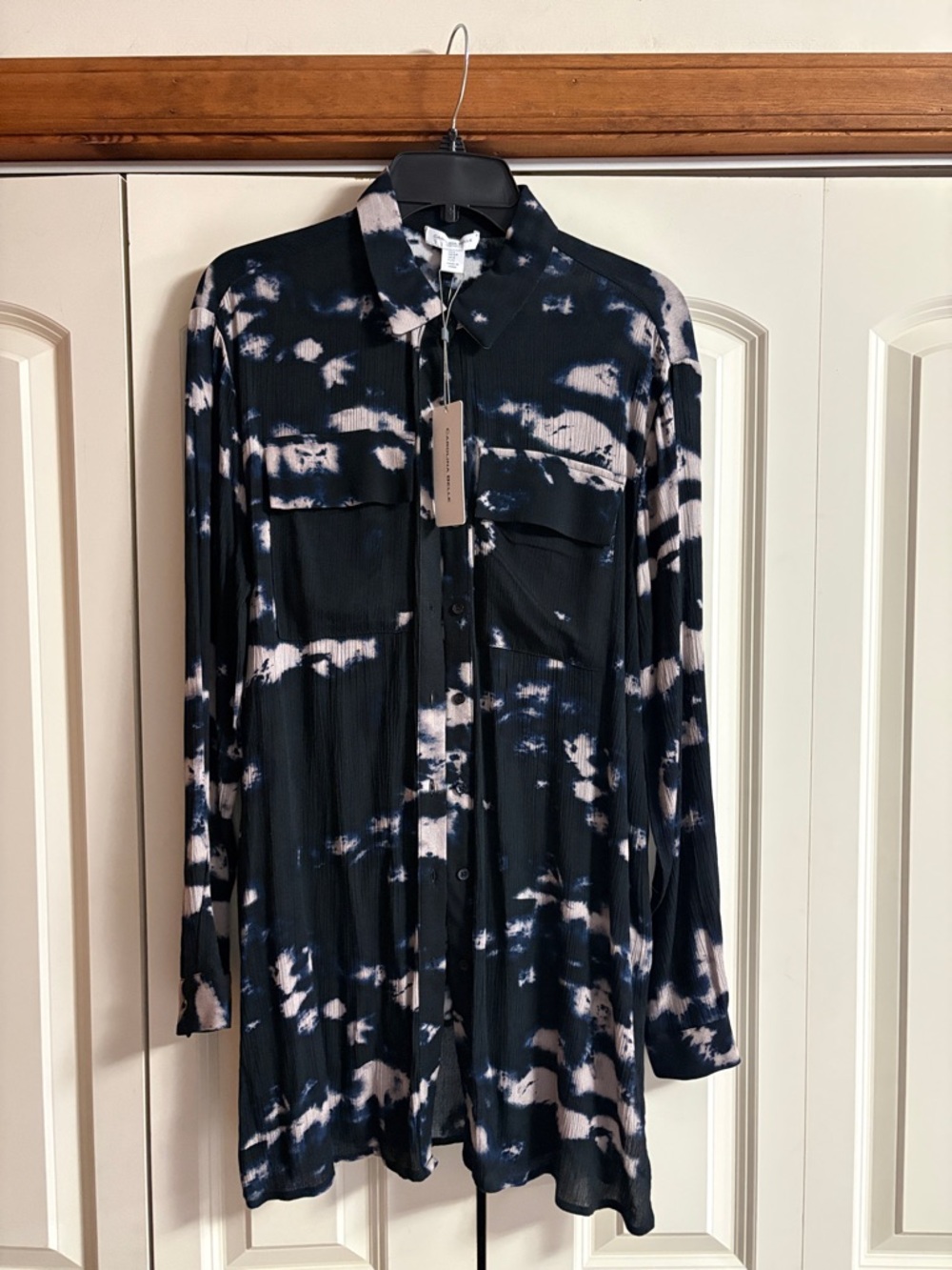 Carolina Belle Black and Cream Tie-Dye Button-Up Blouse